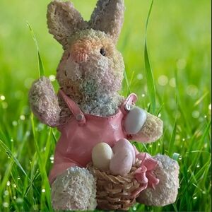 Easter Hand Painted Bunny Figurine Pink Overalls Basket Pastel Eggs Approx 5.5"